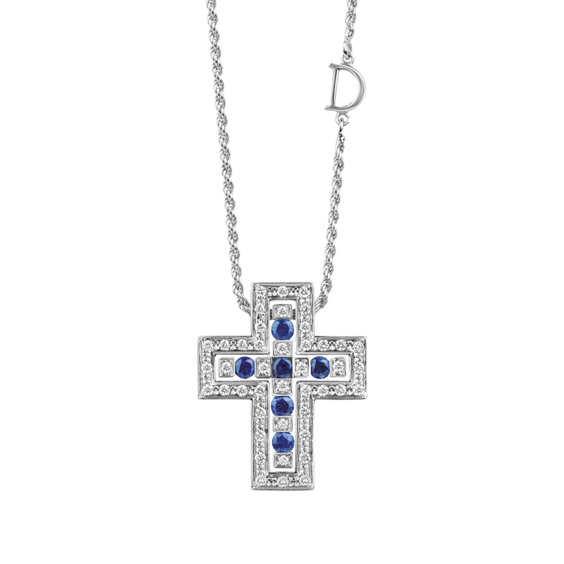 Belle Époque White Gold, Blue Sapphire and Diamond Pavé Cross Pendant